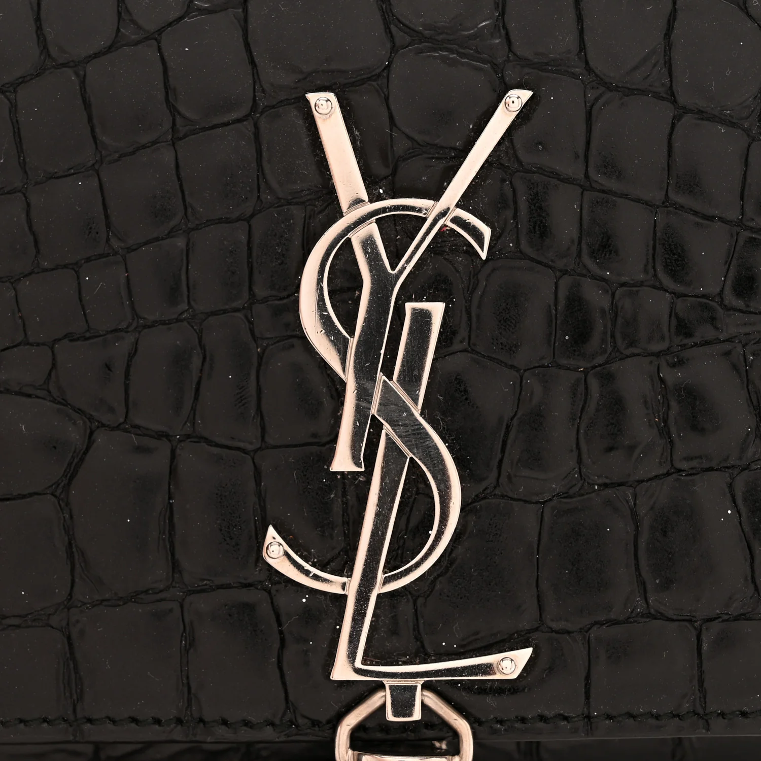 Calfskin Crocodile Embossed Small Classic Monogram Kate Tassel Satchel Black - Image 11