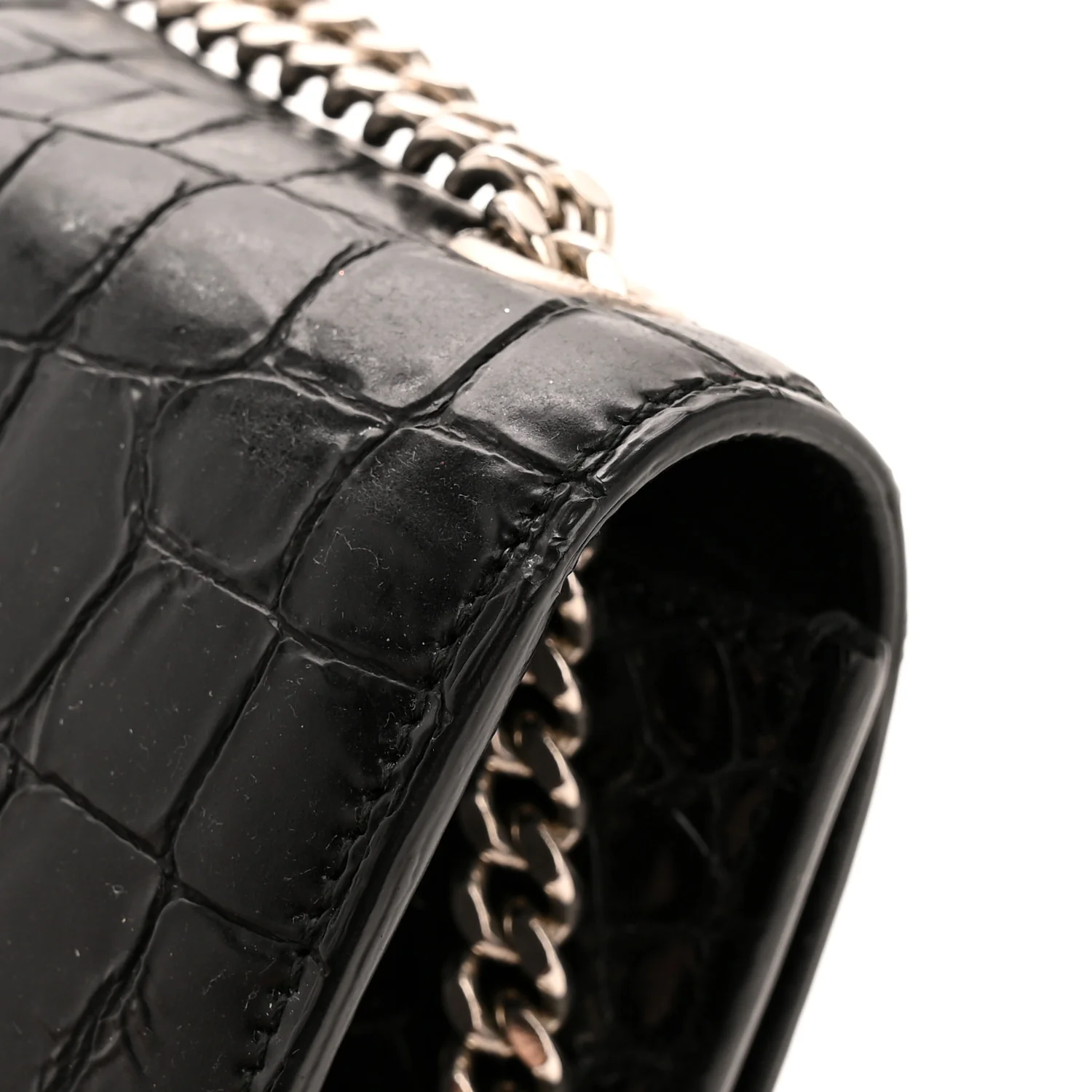 Calfskin Crocodile Embossed Small Classic Monogram Kate Tassel Satchel Black - Image 12