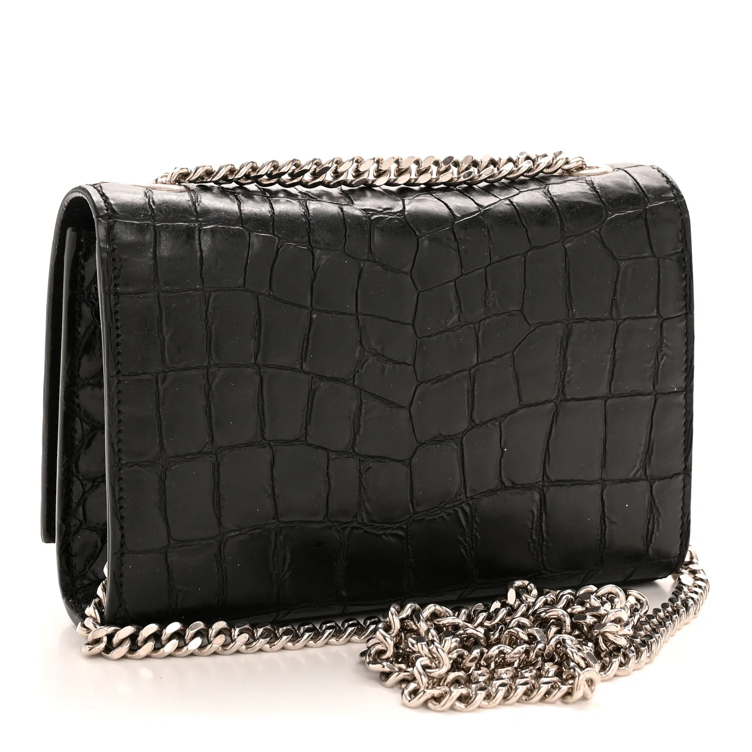 Calfskin Crocodile Embossed Small Classic Monogram Kate Tassel Satchel Black - Image 3