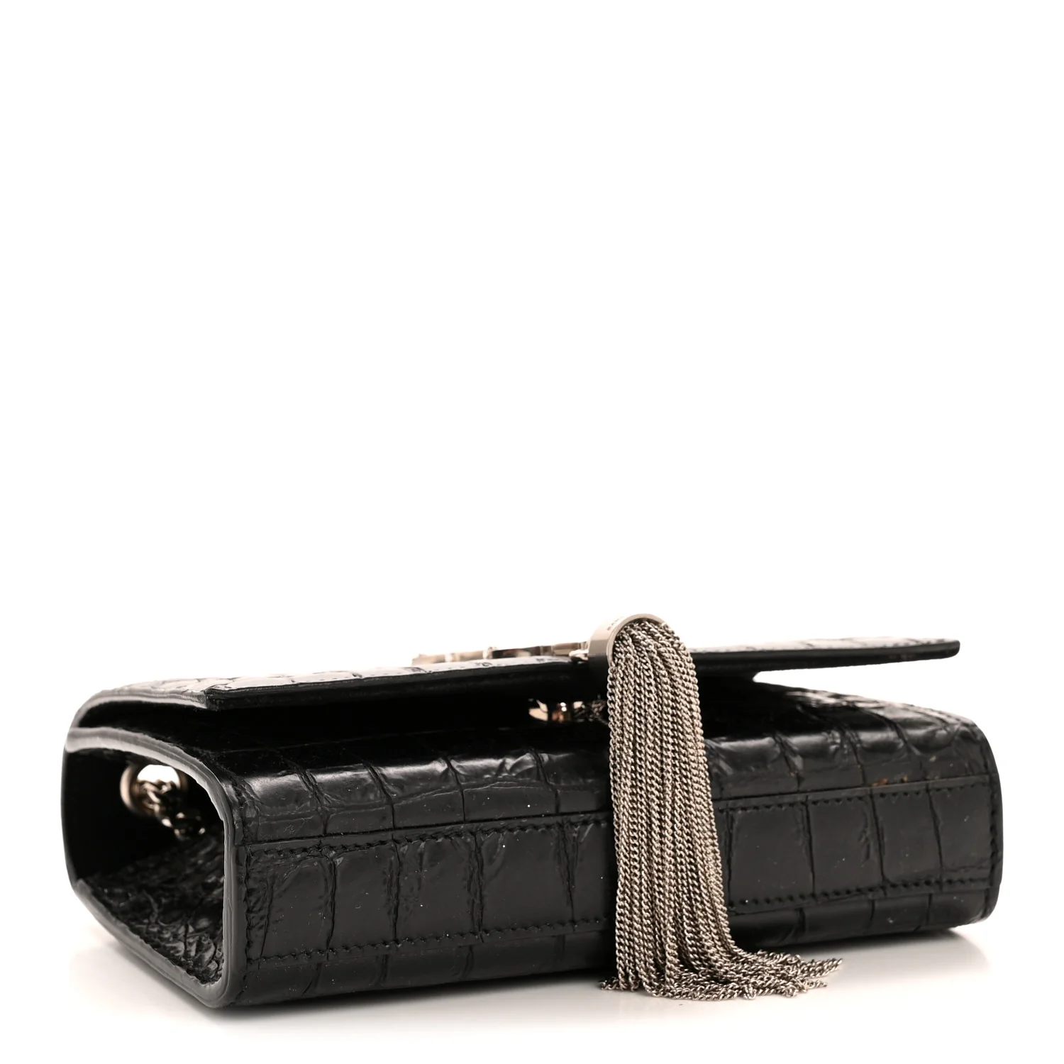 Calfskin Crocodile Embossed Small Classic Monogram Kate Tassel Satchel Black - Image 4