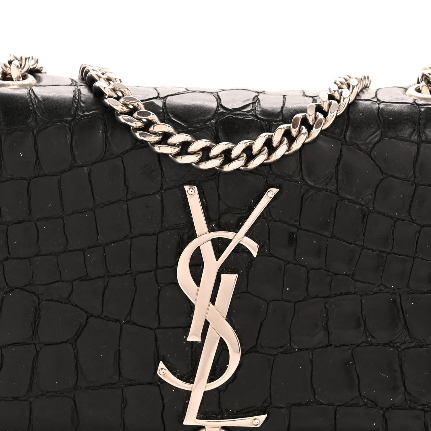Calfskin Crocodile Embossed Small Classic Monogram Kate Tassel Satchel Black - Image 8