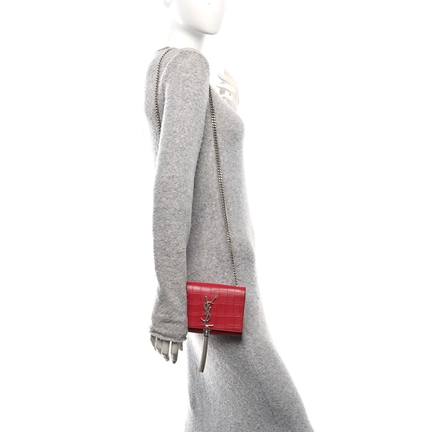 Calfskin Crocodile Embossed Small Classic Monogram Kate Tassel Satchel Red - Image 2