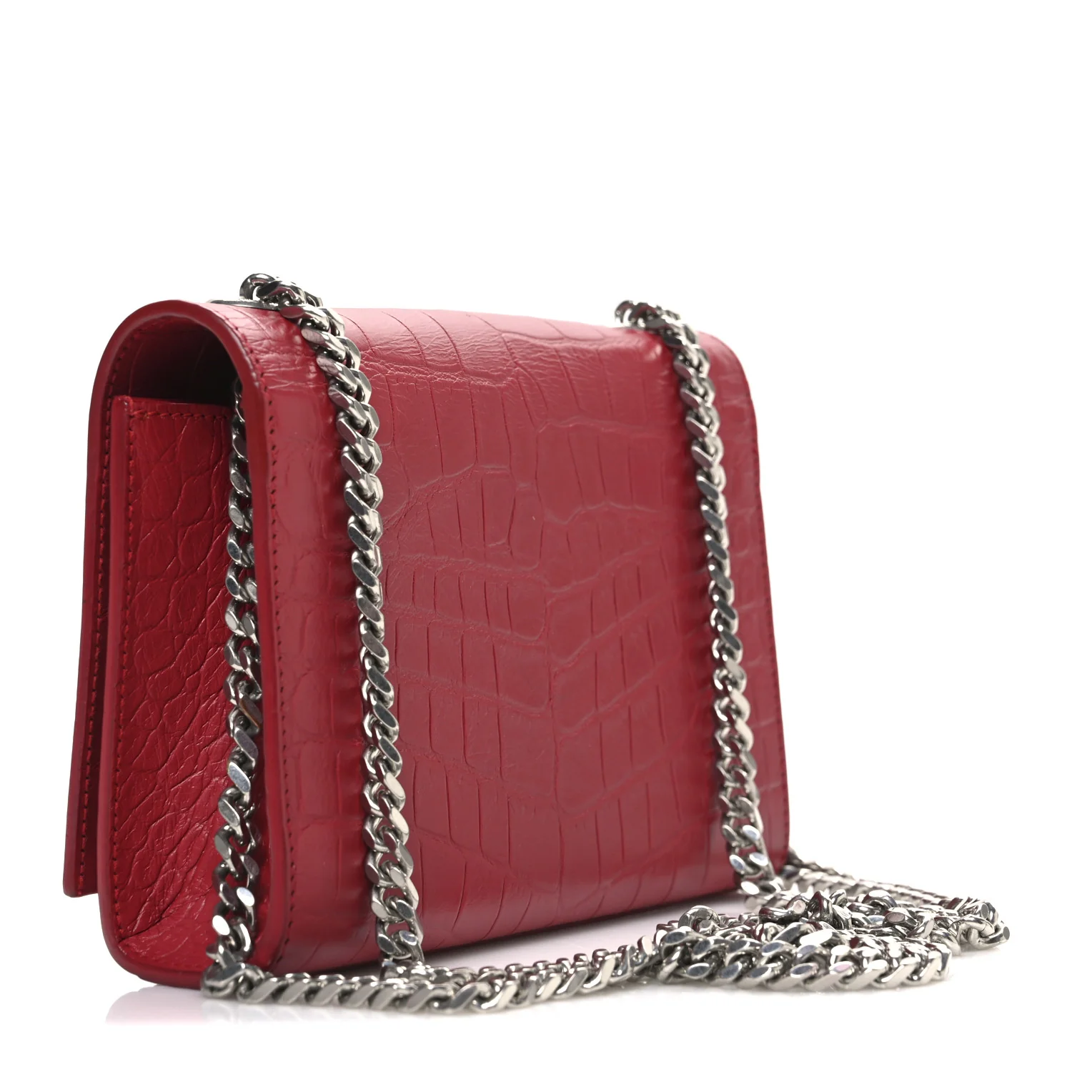 Calfskin Crocodile Embossed Small Classic Monogram Kate Tassel Satchel Red - Image 3