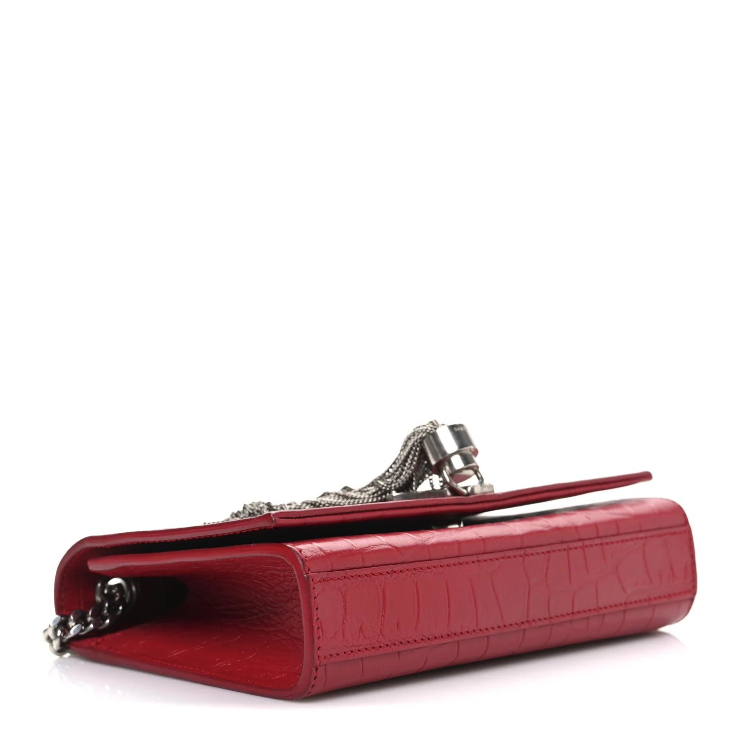 Calfskin Crocodile Embossed Small Classic Monogram Kate Tassel Satchel Red - Image 4