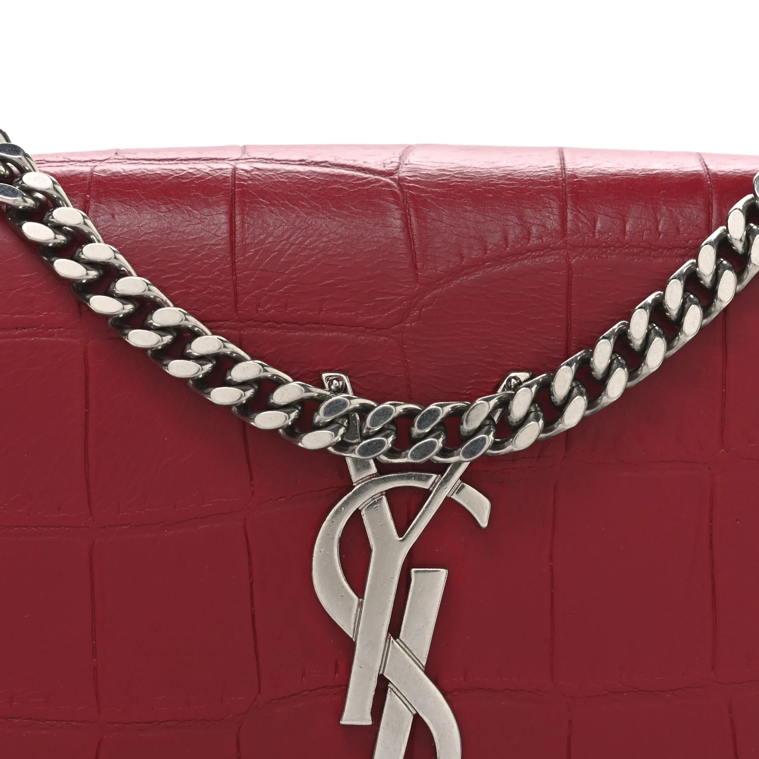 Calfskin Crocodile Embossed Small Classic Monogram Kate Tassel Satchel Red - Image 7
