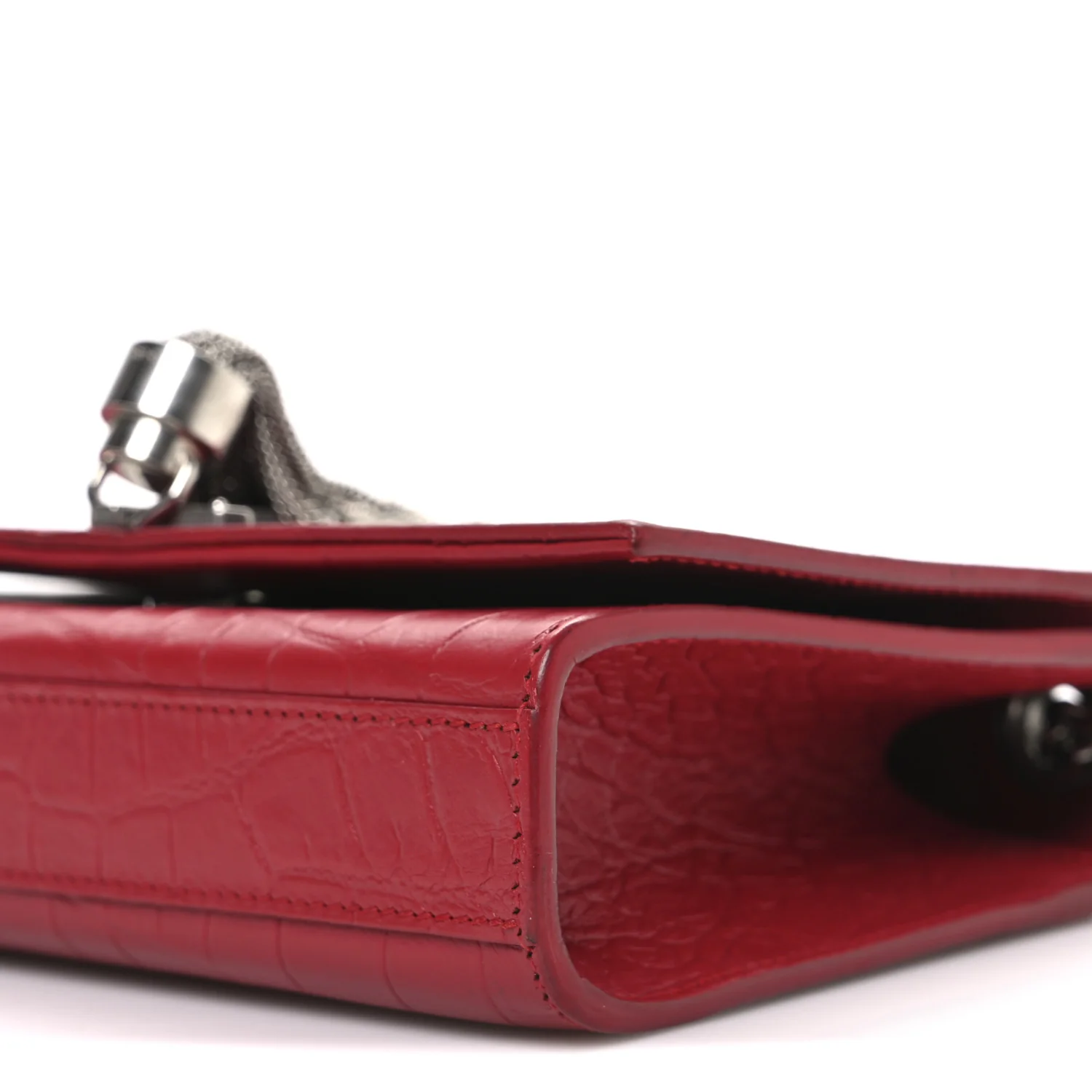 Calfskin Crocodile Embossed Small Classic Monogram Kate Tassel Satchel Red - Image 9