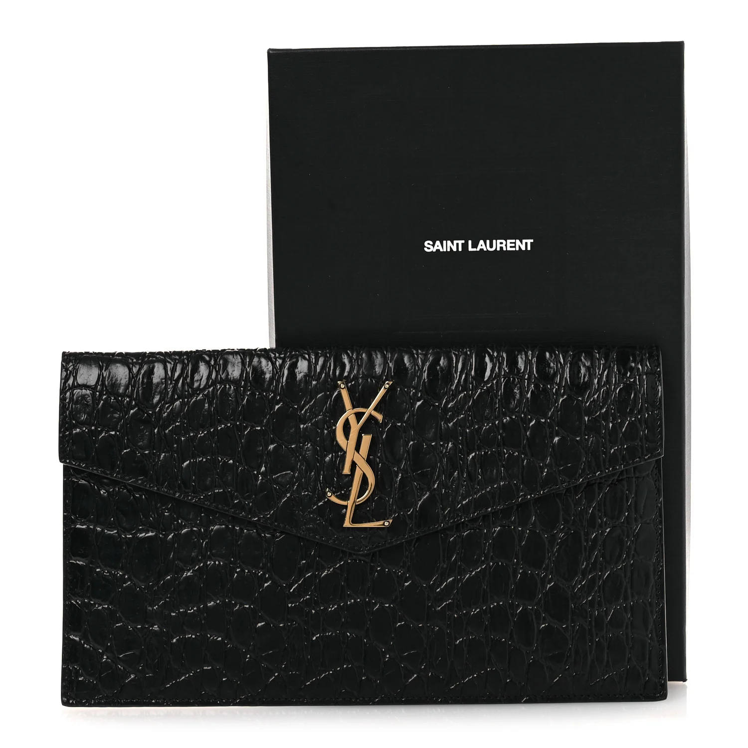 Calfskin Crocodile Embossed Uptown Monogram Clutch Black - Image 8
