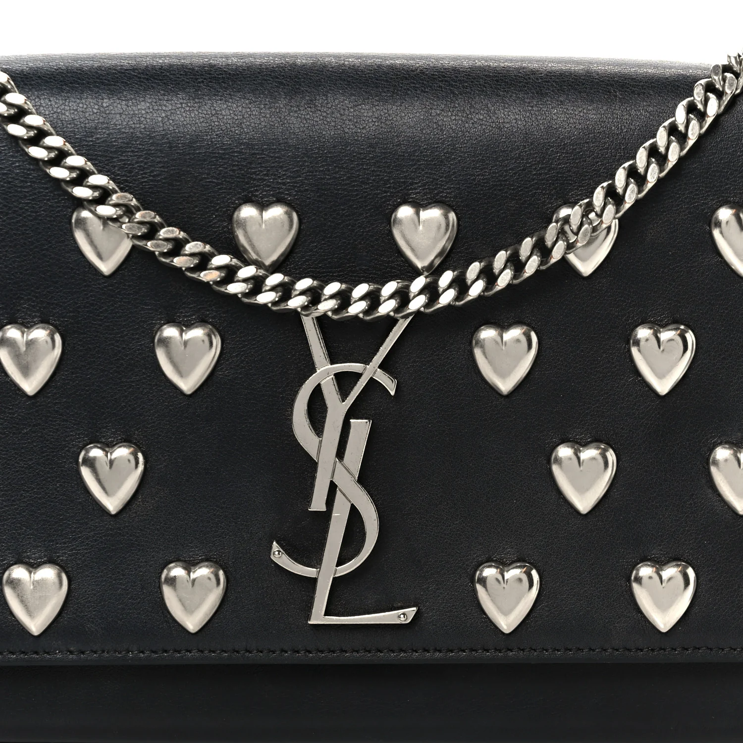Calfskin Heart Studded Medium Monogram Kate Satchel Black - Image 9