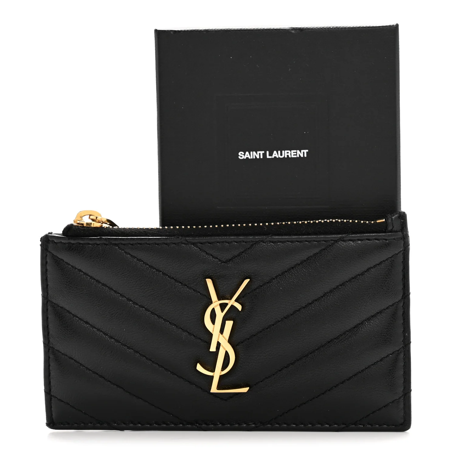 Calfskin Matelasse Chevron Monogram Fragments Zippered Card Case Black - Image 11