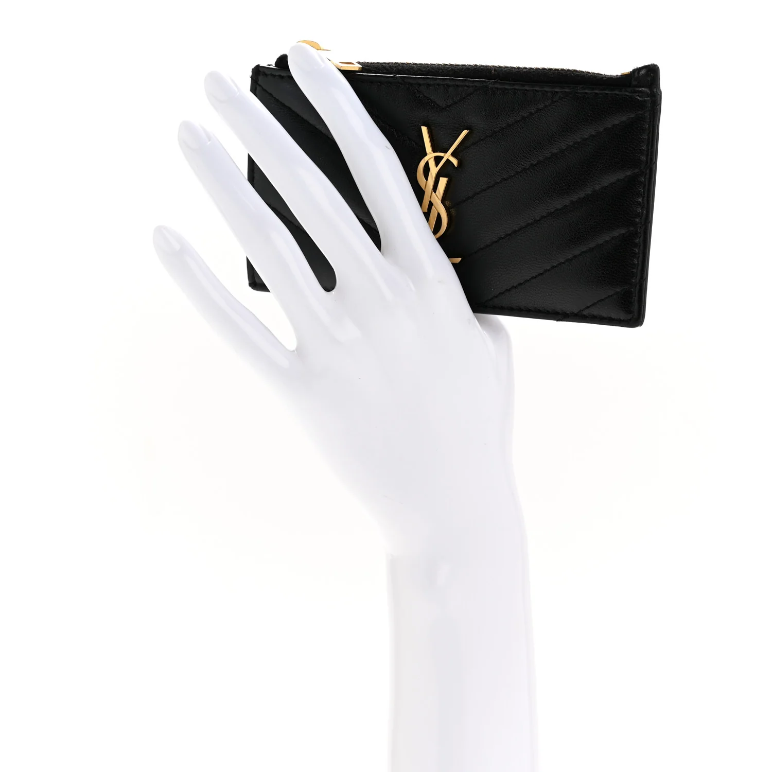 Calfskin Matelasse Chevron Monogram Fragments Zippered Card Case Black - Image 2