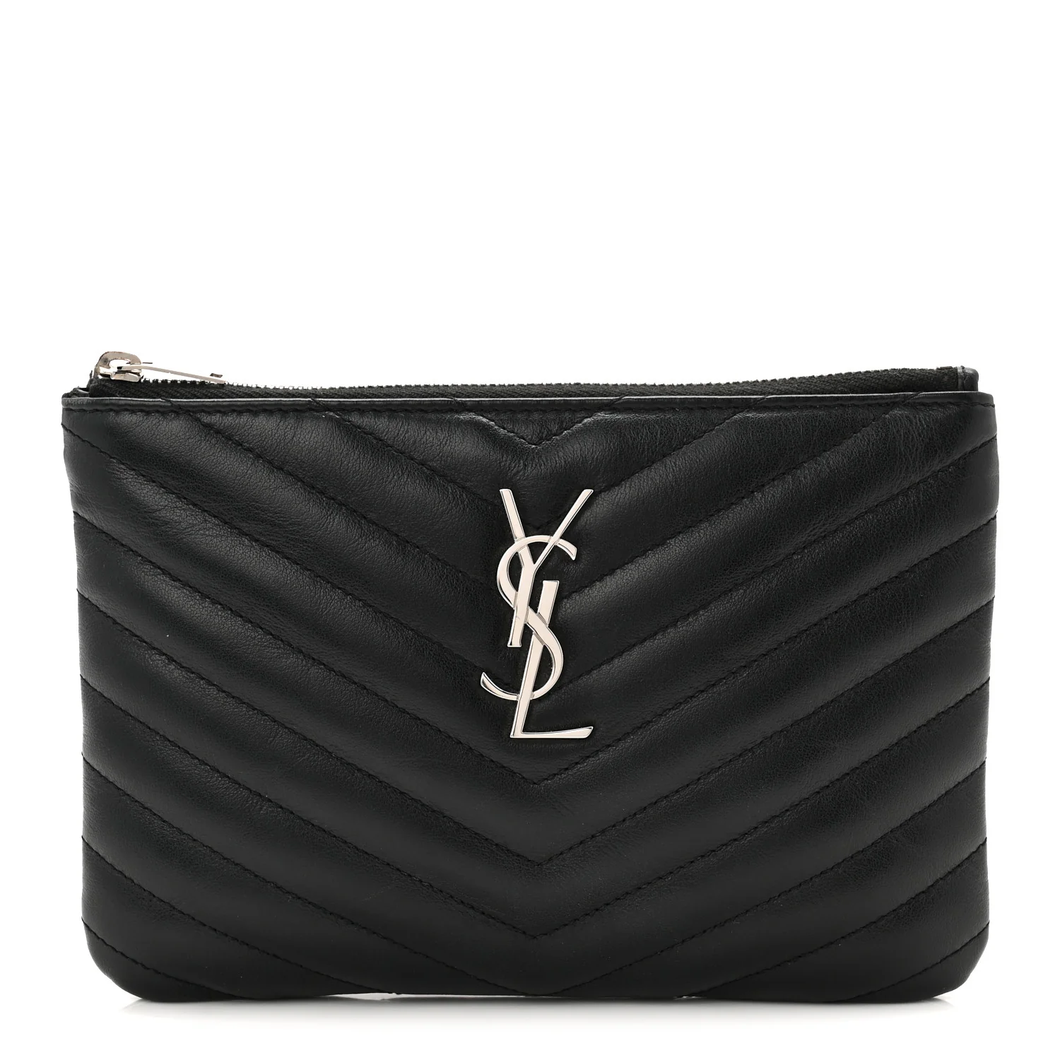 Calfskin Matelasse Chevron Monogram Pouch Black