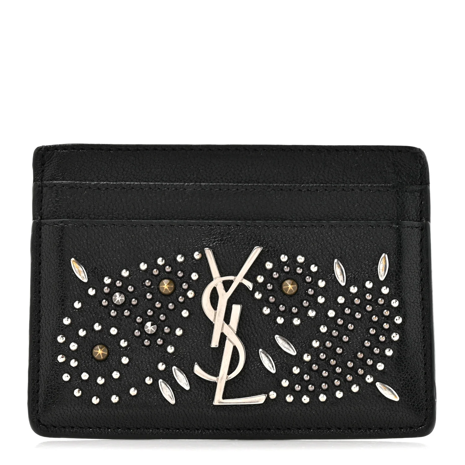 Calfskin Paisley Studded Monogram Credit Card Case Black