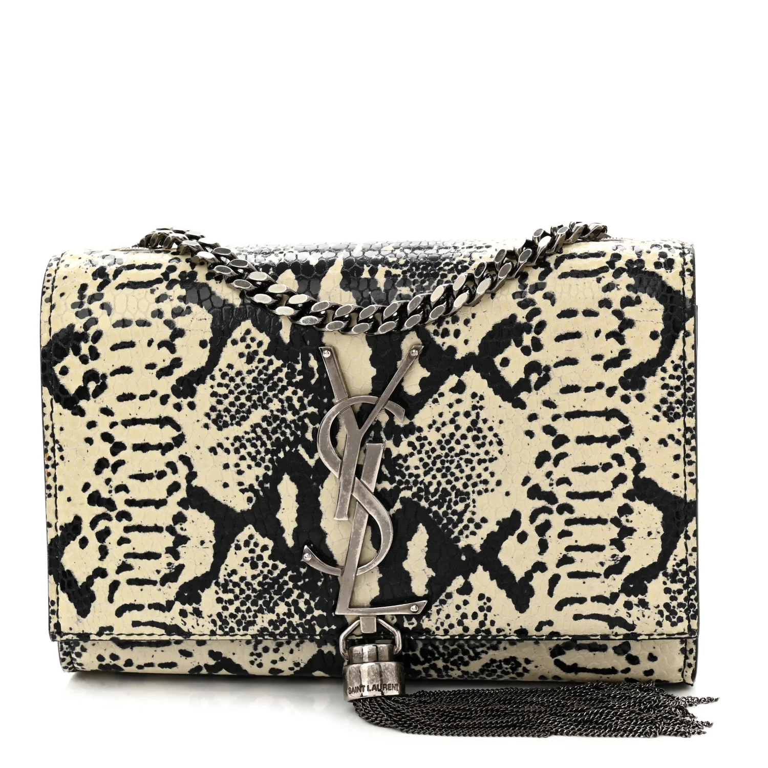 Calfskin Snakeskin Embossed Small Classic Monogram Kate Tassel Satchel White Black