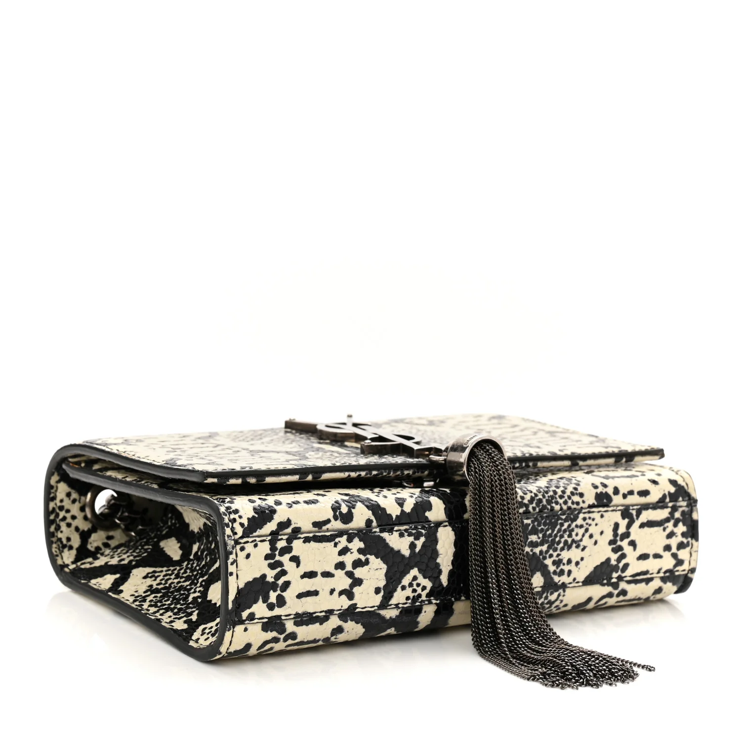 Calfskin Snakeskin Embossed Small Classic Monogram Kate Tassel Satchel White Black - Image 4
