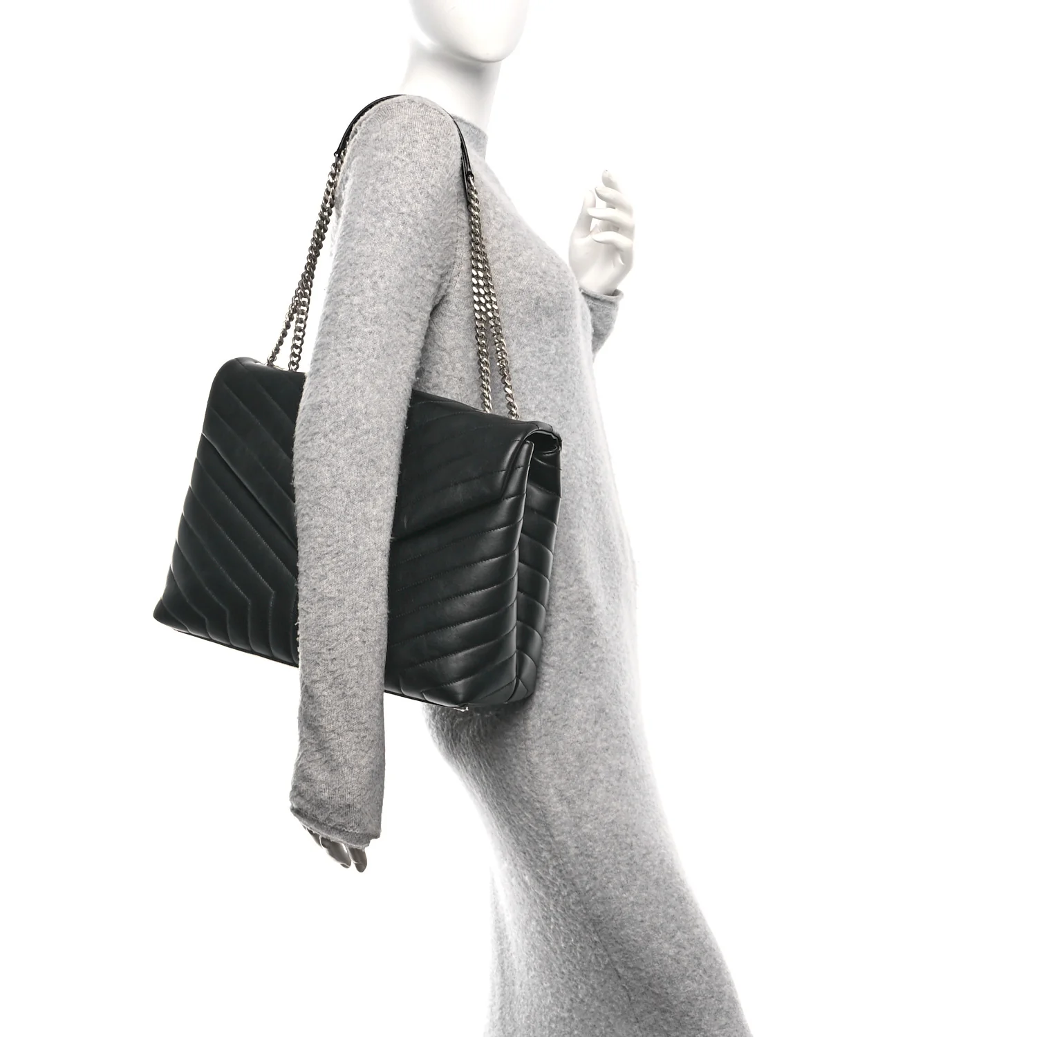 Calfskin Y Quilted Monogram Large Loulou Chain Satchel Black - Image 2