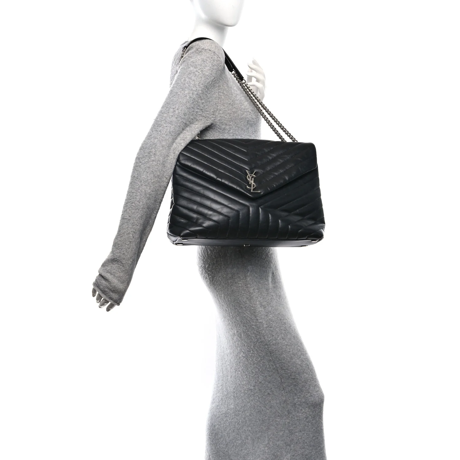 Calfskin Y Quilted Monogram Large Loulou Chain Satchel Black - Image 2