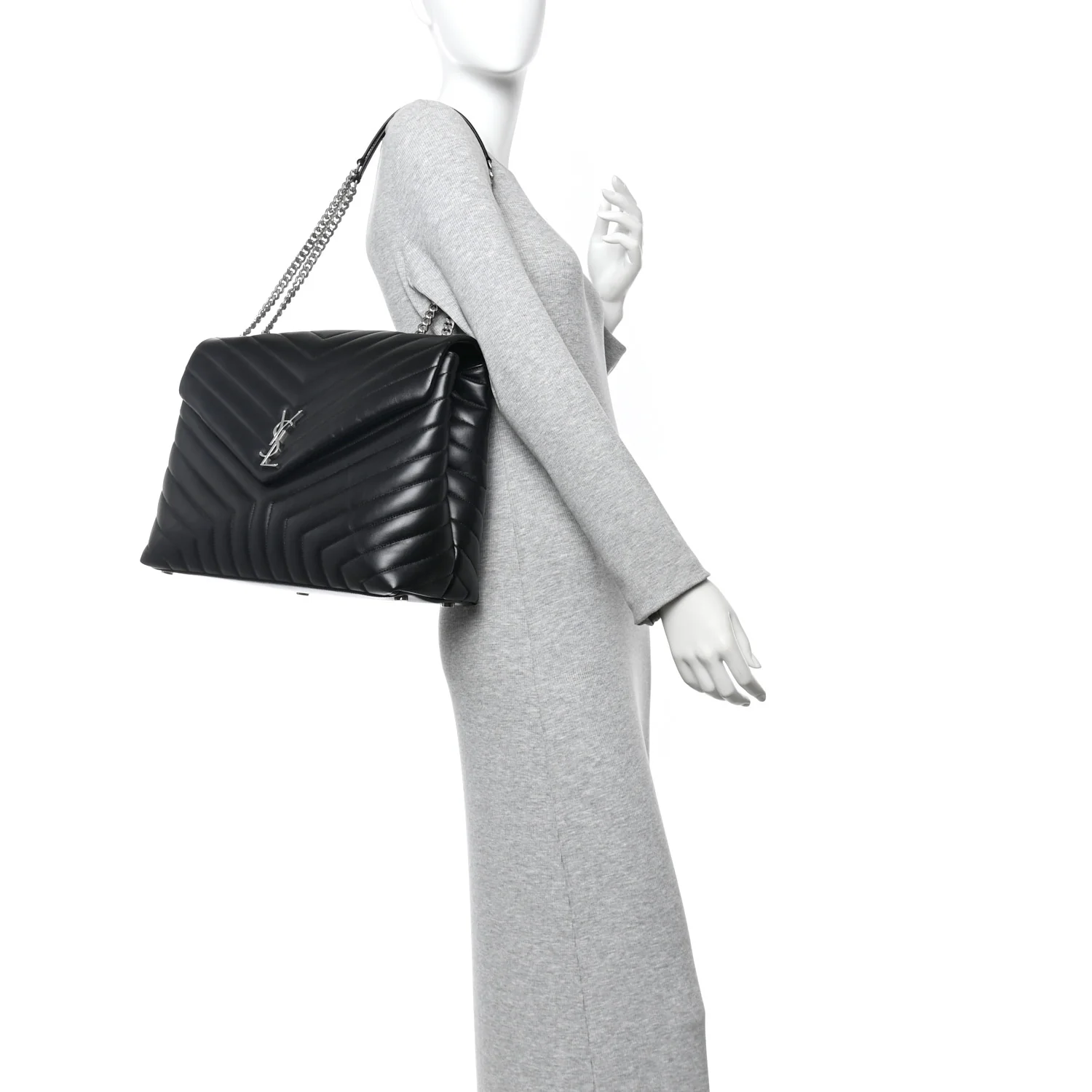 Calfskin Y Quilted Monogram Large Loulou Chain Satchel Black - Image 3
