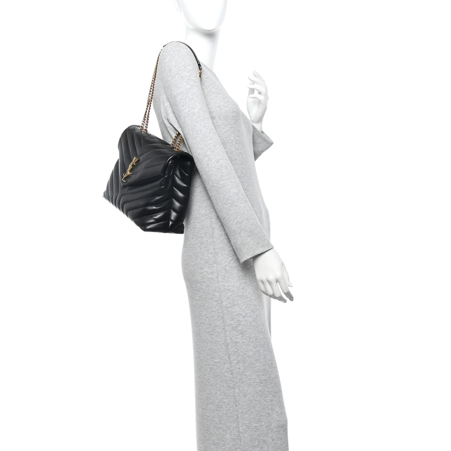 Calfskin Y Quilted Monogram Medium Loulou Chain Satchel Black - Image 2