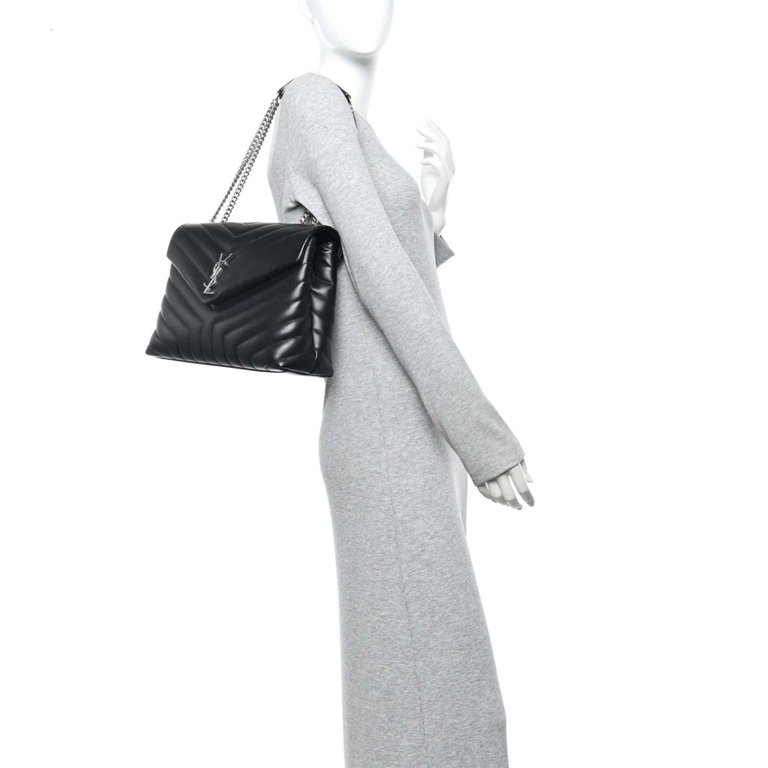 Calfskin Y Quilted Monogram Medium Loulou Chain Satchel Black - Image 2