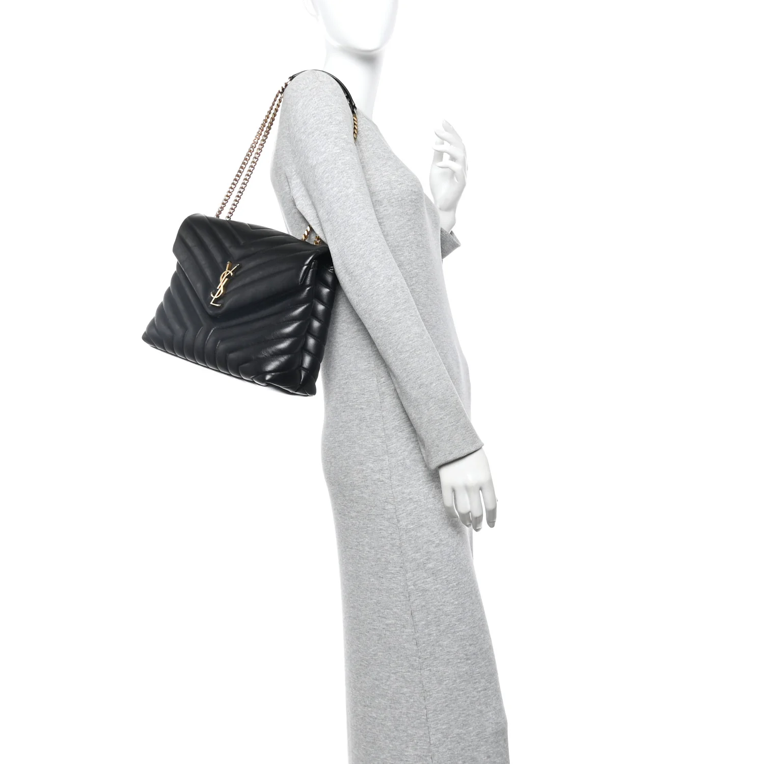 Calfskin Y Quilted Monogram Medium Loulou Chain Satchel Black - Image 2