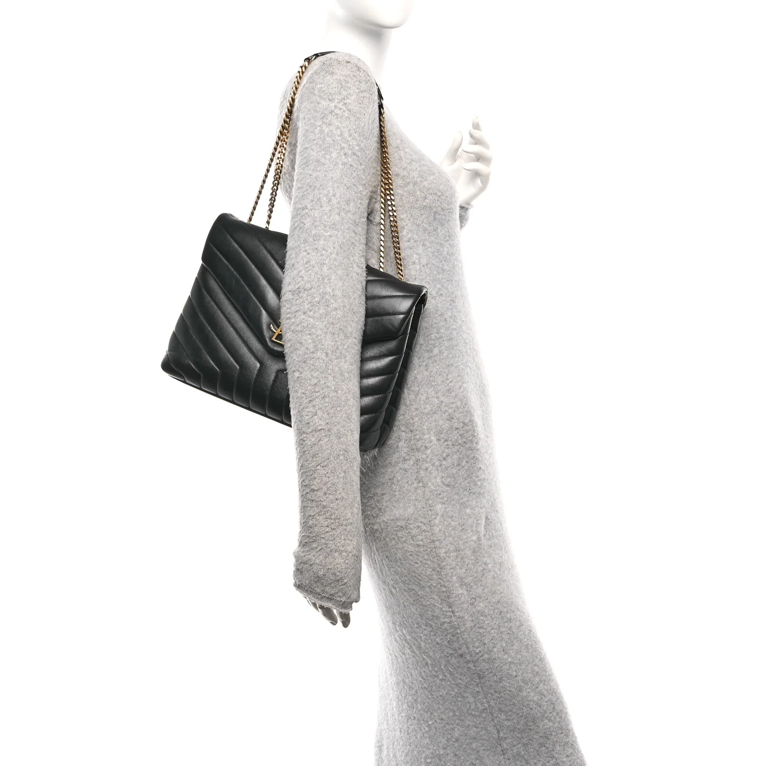 Calfskin Y Quilted Monogram Medium Loulou Chain Satchel Black - Image 2
