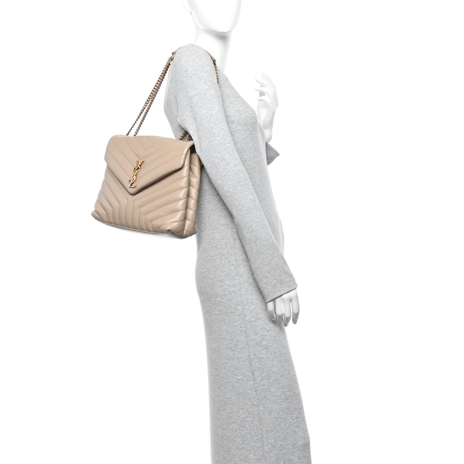 Calfskin Y Quilted Monogram Medium Loulou Chain Satchel Nude Powder - Image 2