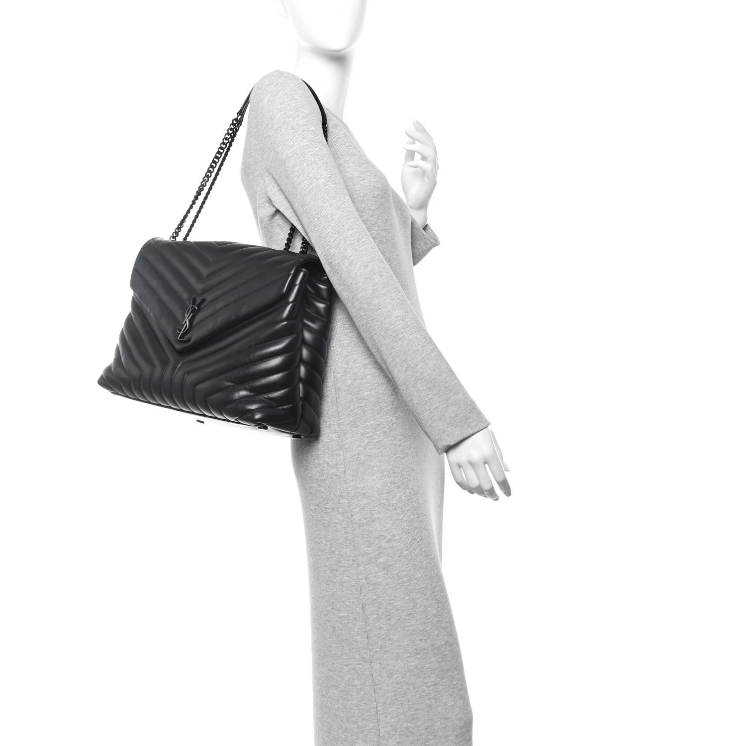 Calfskin Y Quilted Monogram Monochrome Large Loulou Chain Satchel Black - Image 2