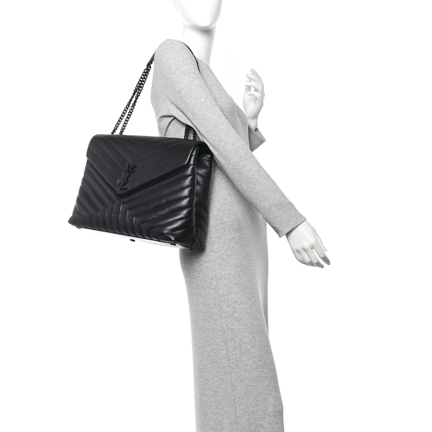 Calfskin Y Quilted Monogram Monochrome Large Loulou Chain Satchel Black - Image 2