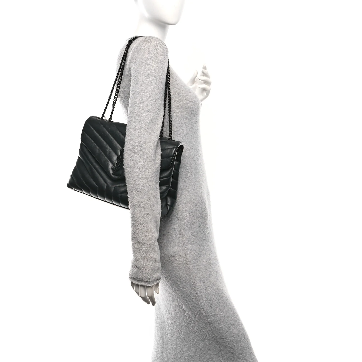 Calfskin Y Quilted Monogram Monochrome Medium Loulou Chain Satchel Black - Image 2