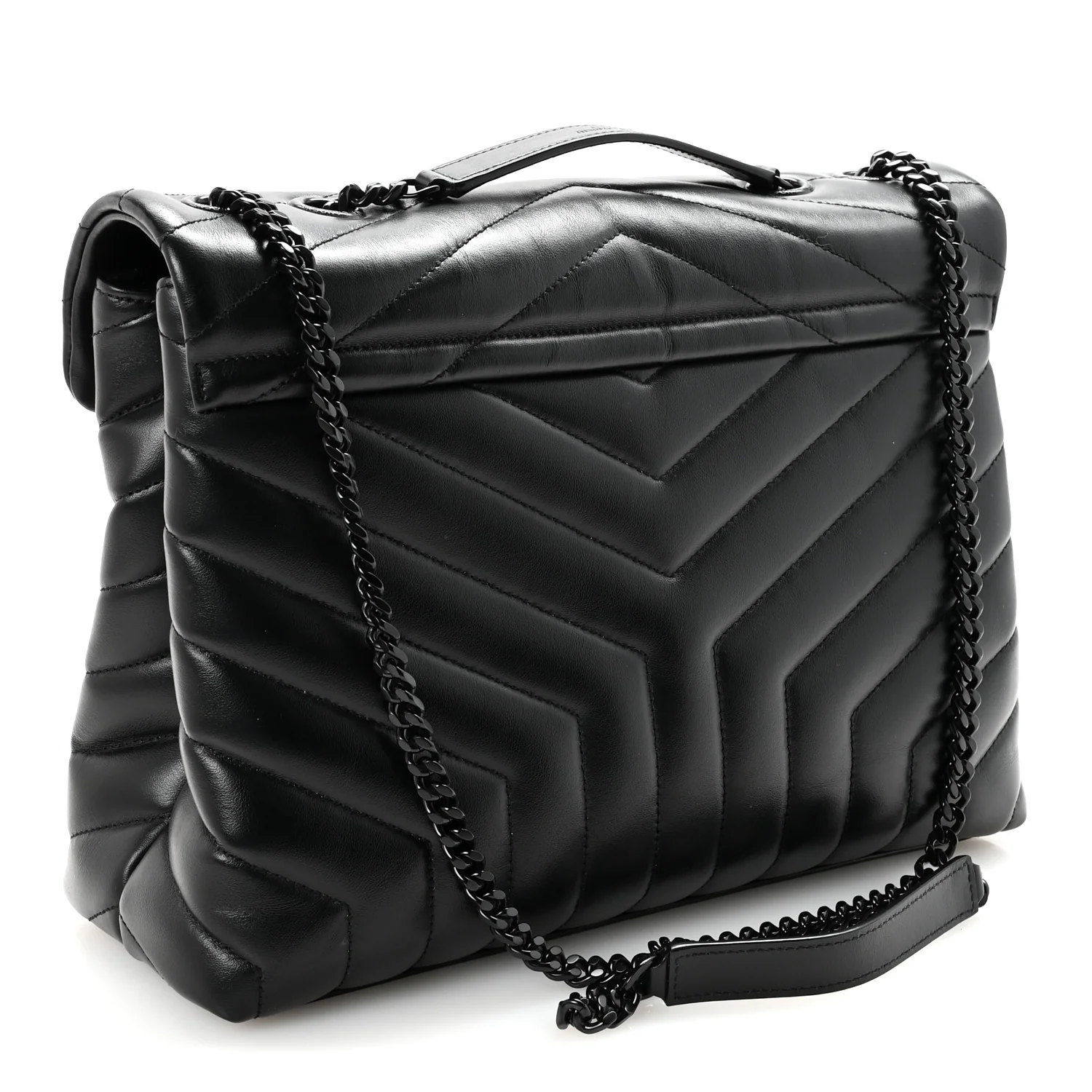 Calfskin Y Quilted Monogram Monochrome Medium Loulou Chain Satchel Black - Image 3