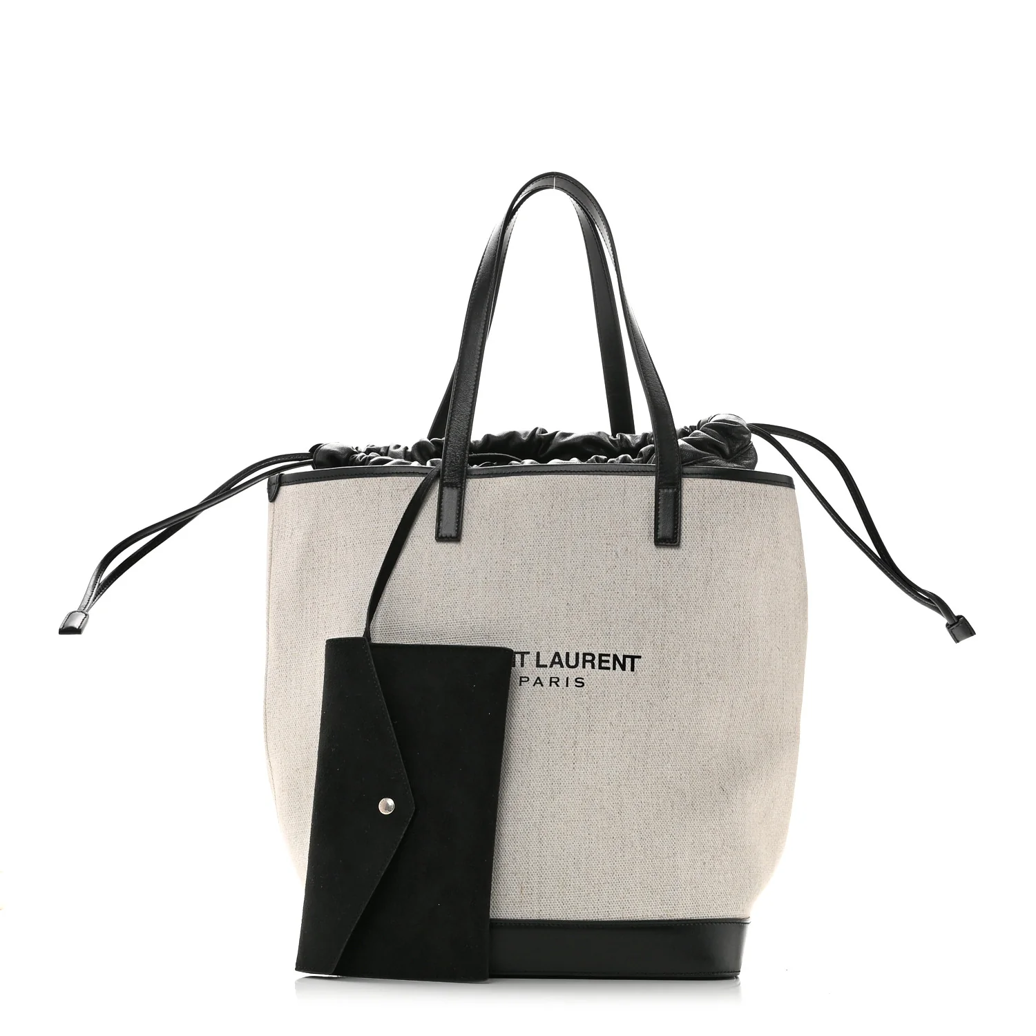 Canvas Calfskin Teddy Drawstring Shopping Tote White Black - Image 3