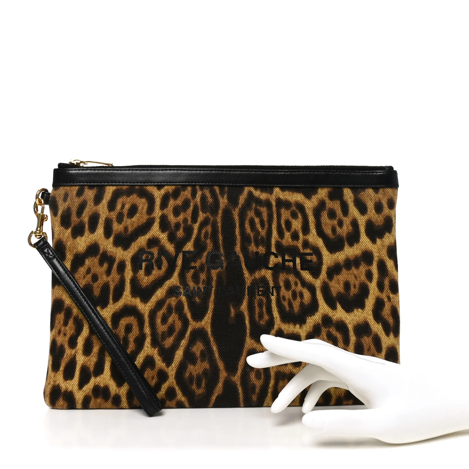 Canvas Leopard Print Rive Gauche Zipped Pouch Natural Black - Image 2