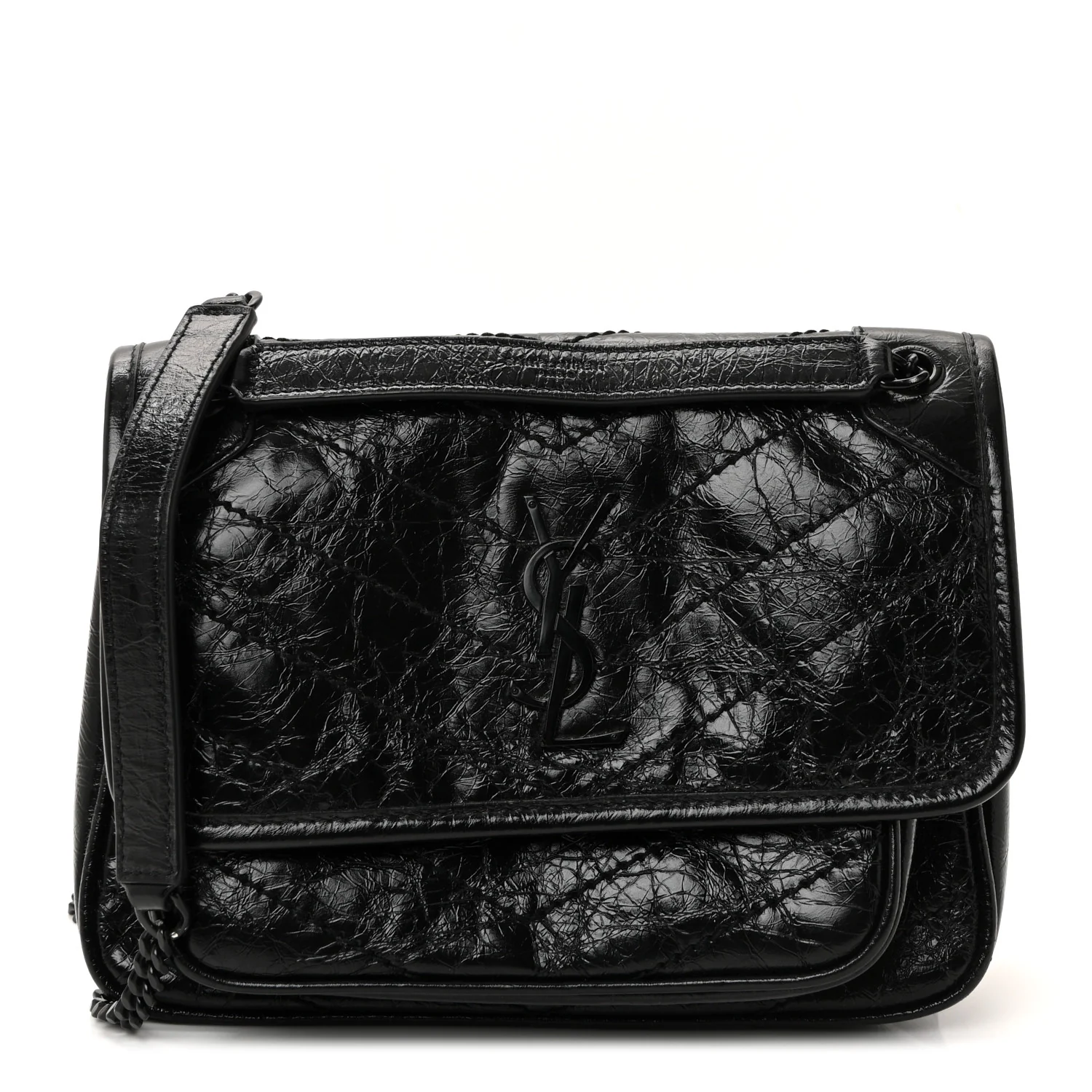 Crinkled Calfskin Matelasse Monogram Baby Niki Chain Satchel Black