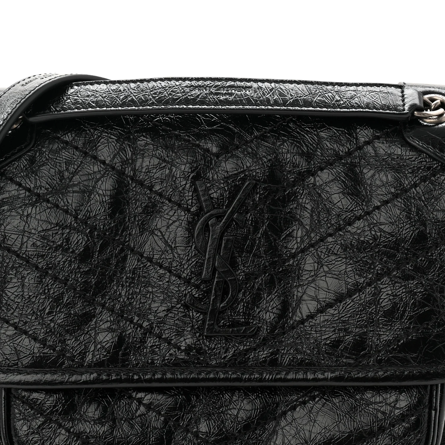 Crinkled Calfskin Matelasse Monogram Baby Niki Chain Satchel Black - Image 14