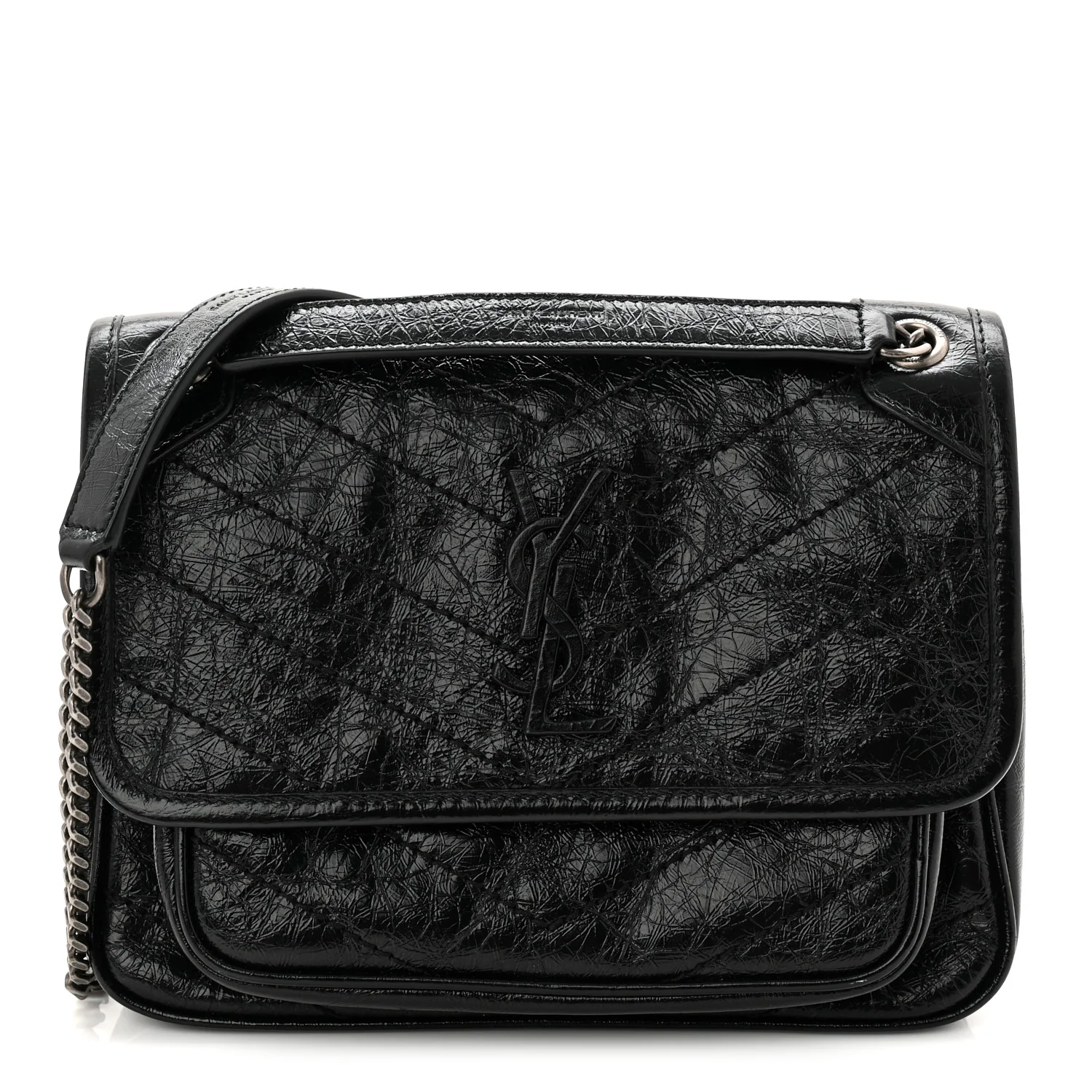 Crinkled Calfskin Matelasse Monogram Baby Niki Chain Satchel Black - Image 2