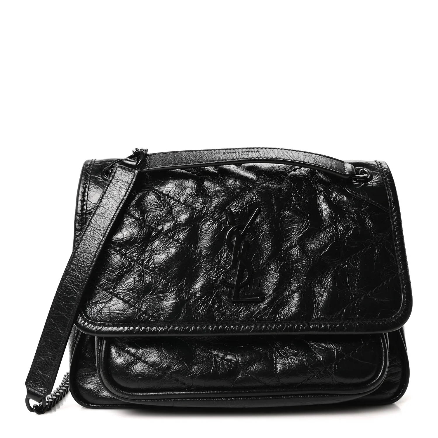 Crinkled Calfskin Matelasse Monogram Baby Niki Chain Satchel Black