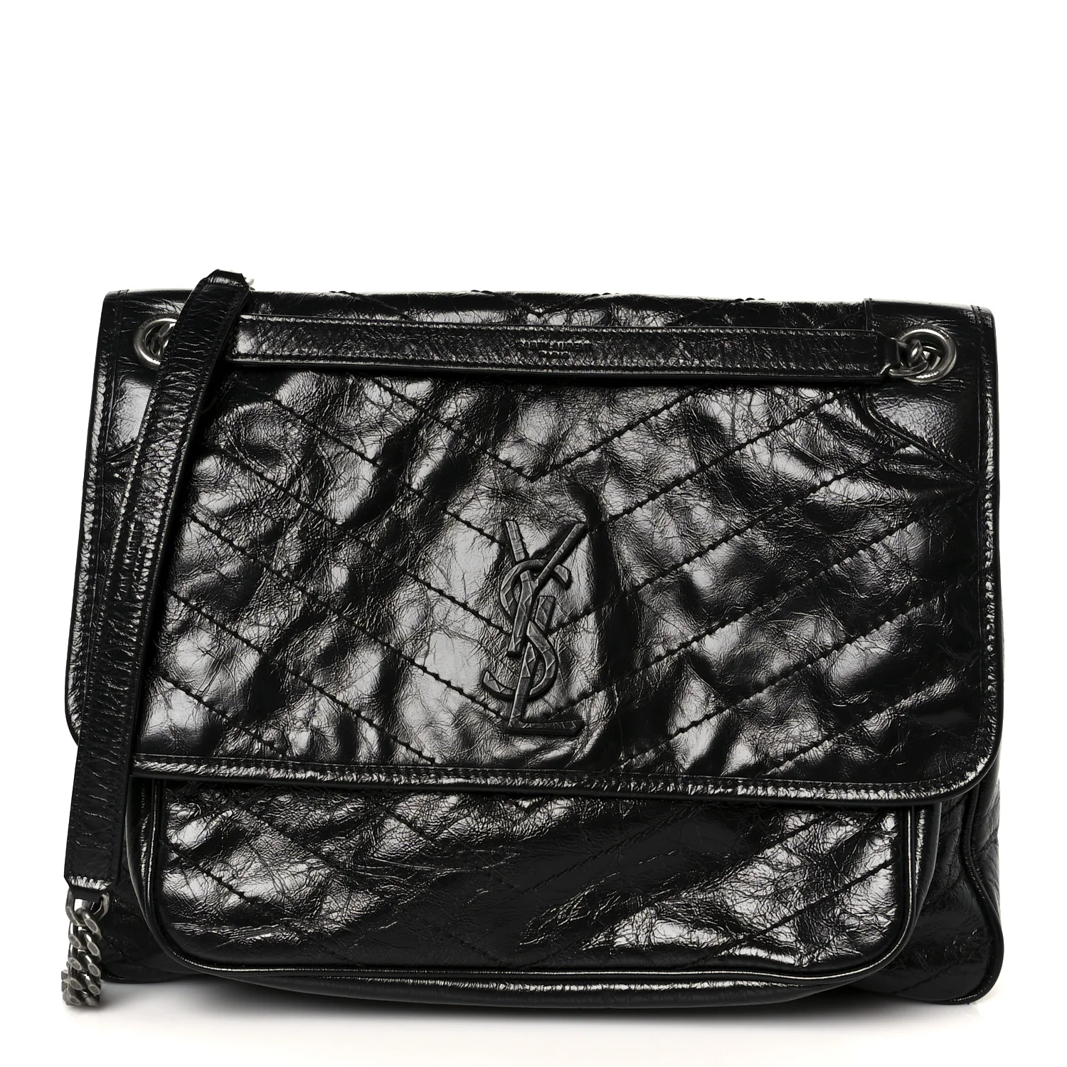 Crinkled Calfskin Matelasse Monogram Large Niki Chain Satchel Black