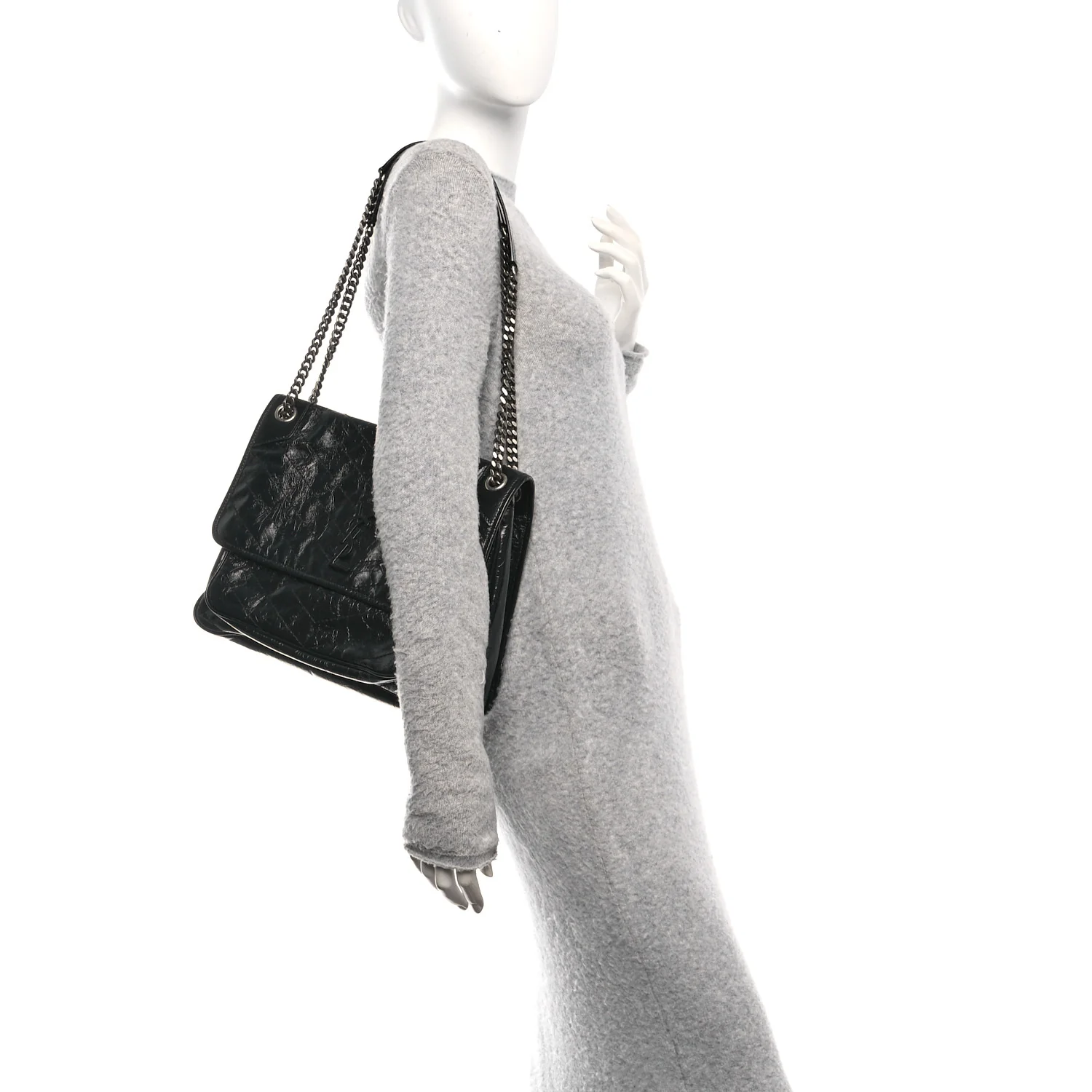 Crinkled Calfskin Matelasse Monogram Large Niki Chain Satchel Black - Image 2
