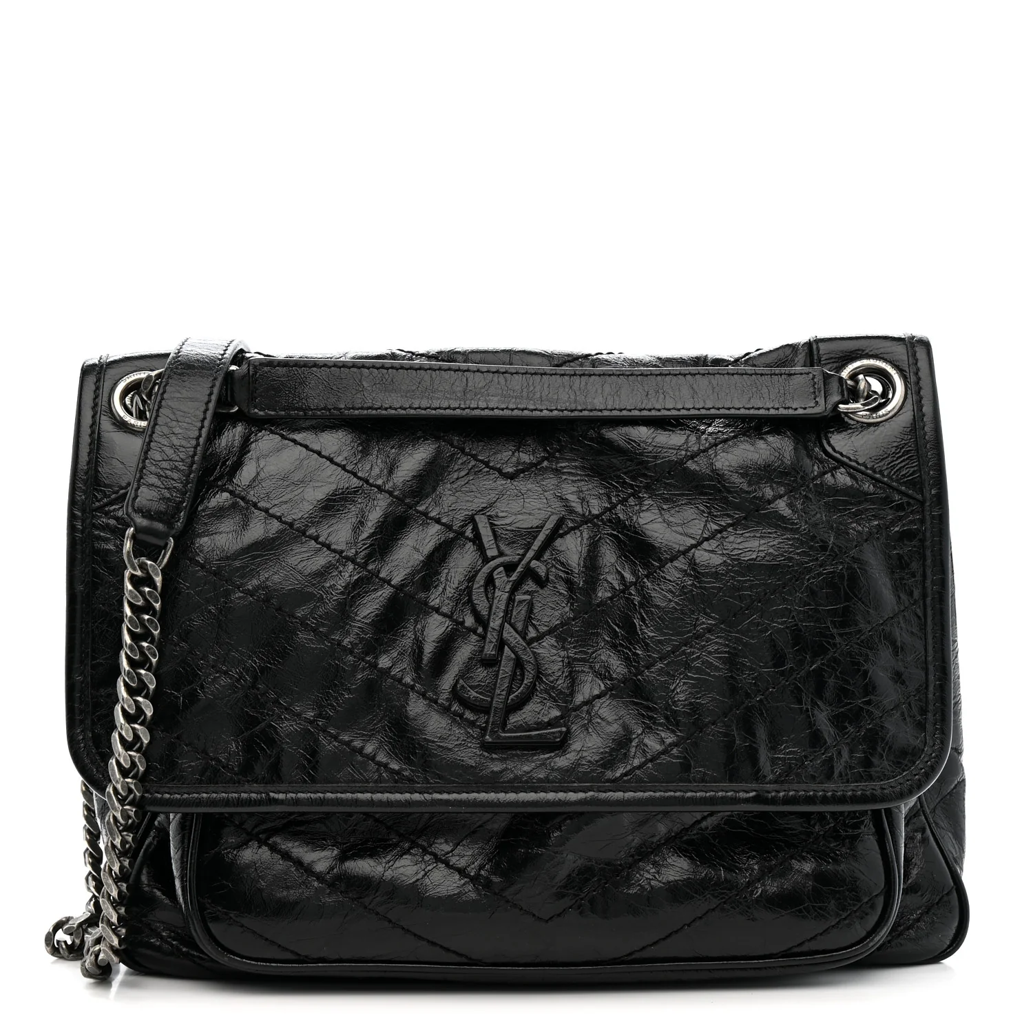 Crinkled Calfskin Matelasse Monogram Medium Niki Chain Satchel Black