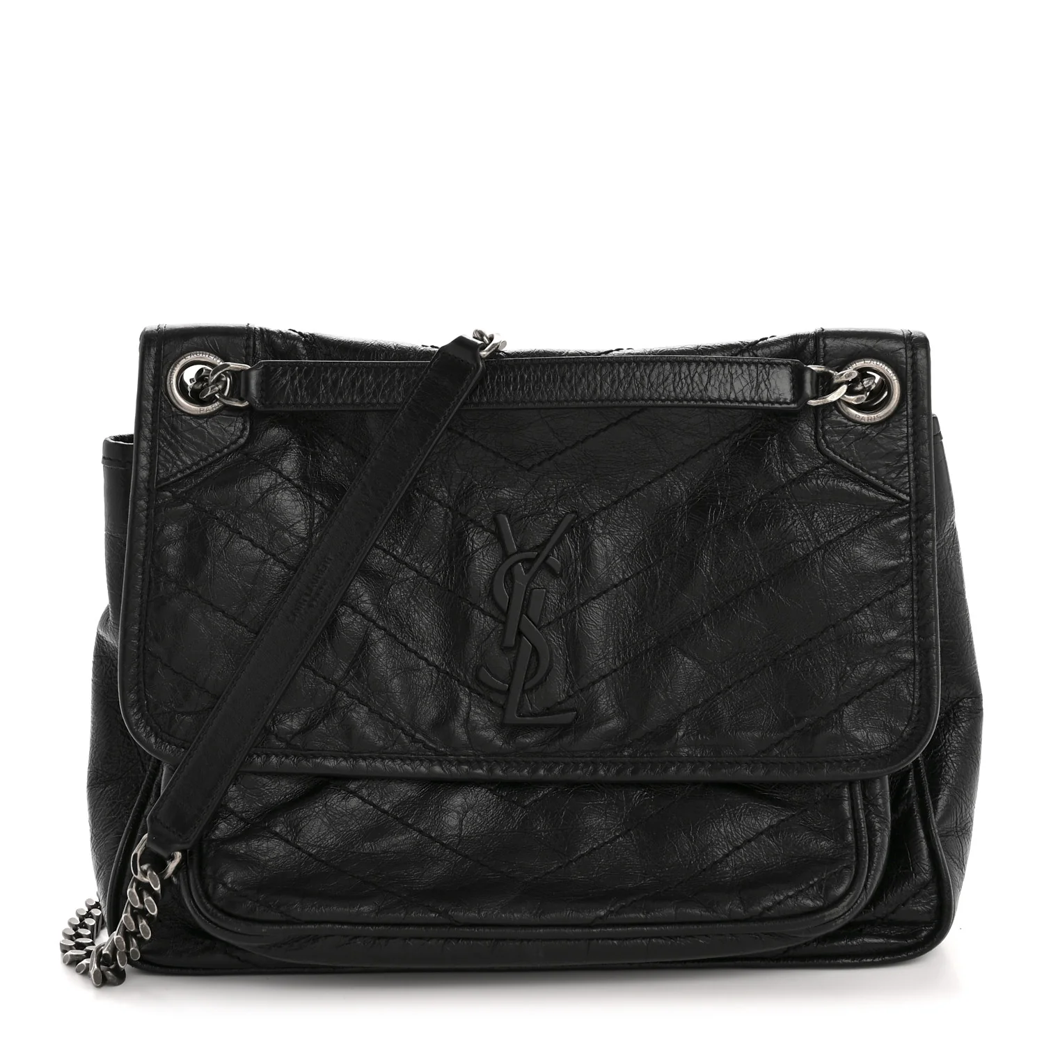 Crinkled Calfskin Matelasse Monogram Medium Niki Chain Satchel Black