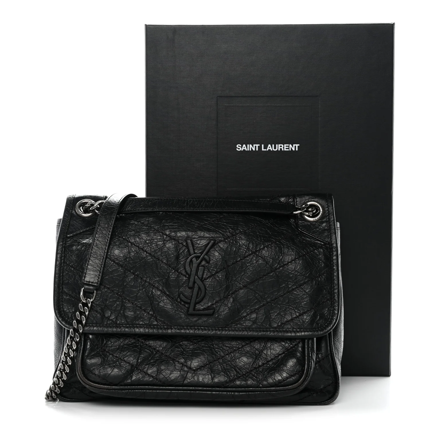Crinkled Calfskin Matelasse Monogram Medium Niki Chain Satchel Black - Image 3