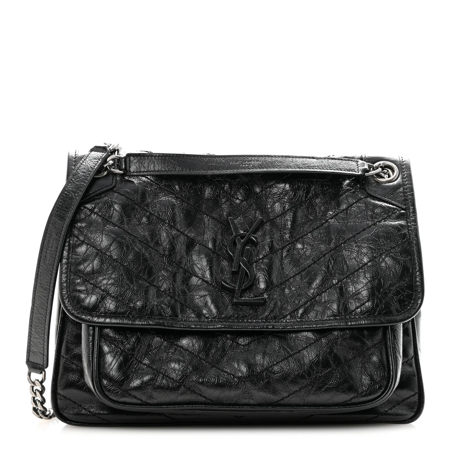 Crinkled Calfskin Matelasse Monogram Medium Niki Chain Satchel Black