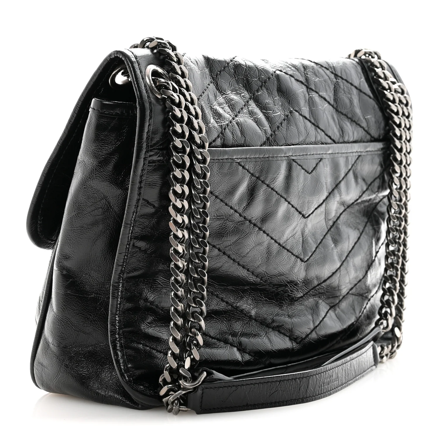 Crinkled Calfskin Matelasse Monogram Medium Niki Chain Satchel Black - Image 3