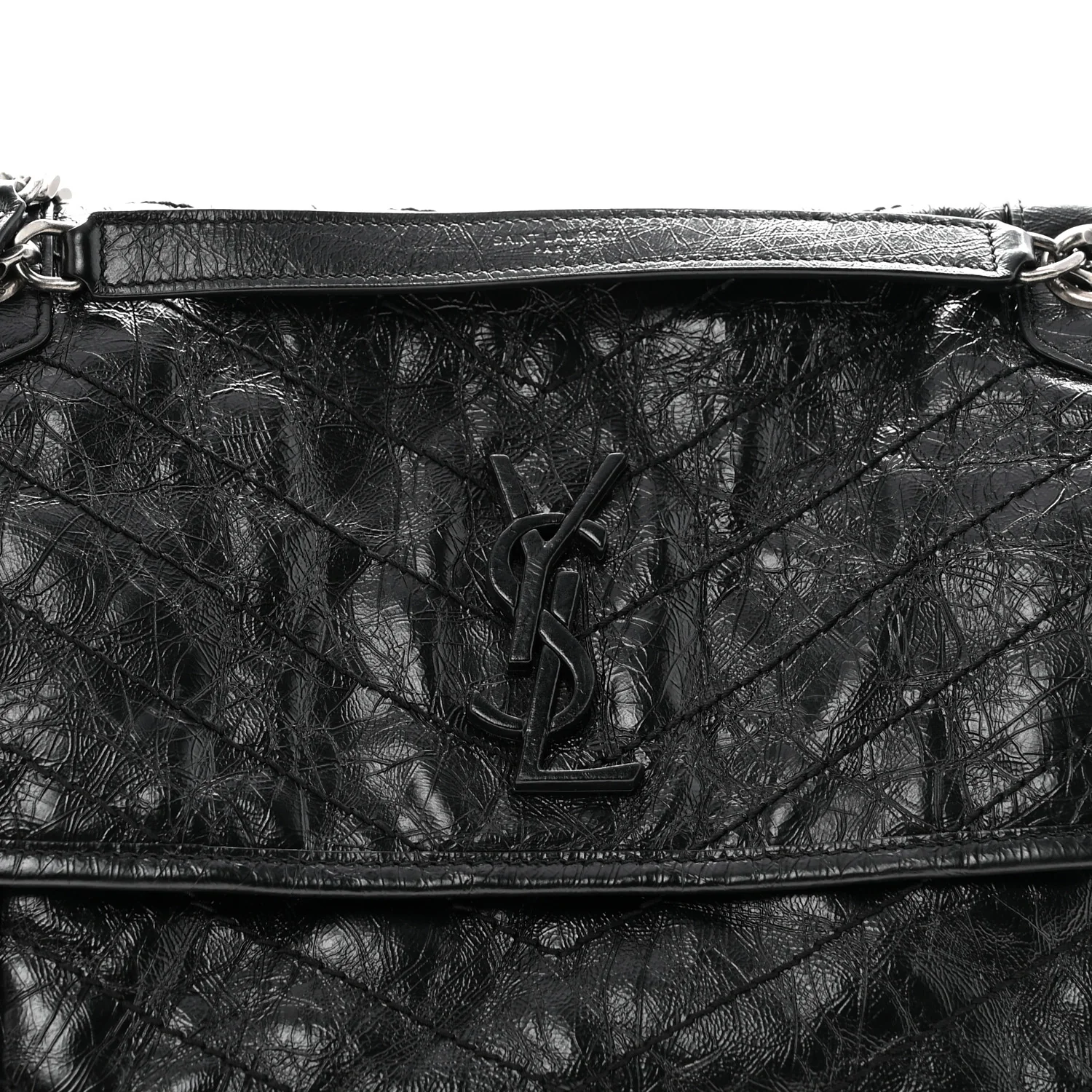 Crinkled Calfskin Matelasse Monogram Medium Niki Chain Satchel Black - Image 9