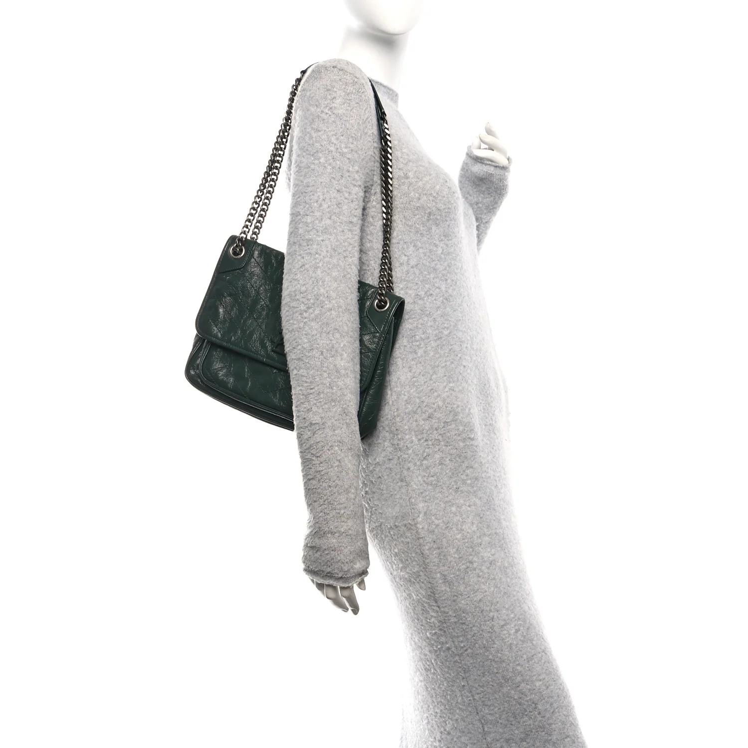 Crinkled Calfskin Matelasse Monogram Medium Niki Chain Satchel Dark Green - Image 2