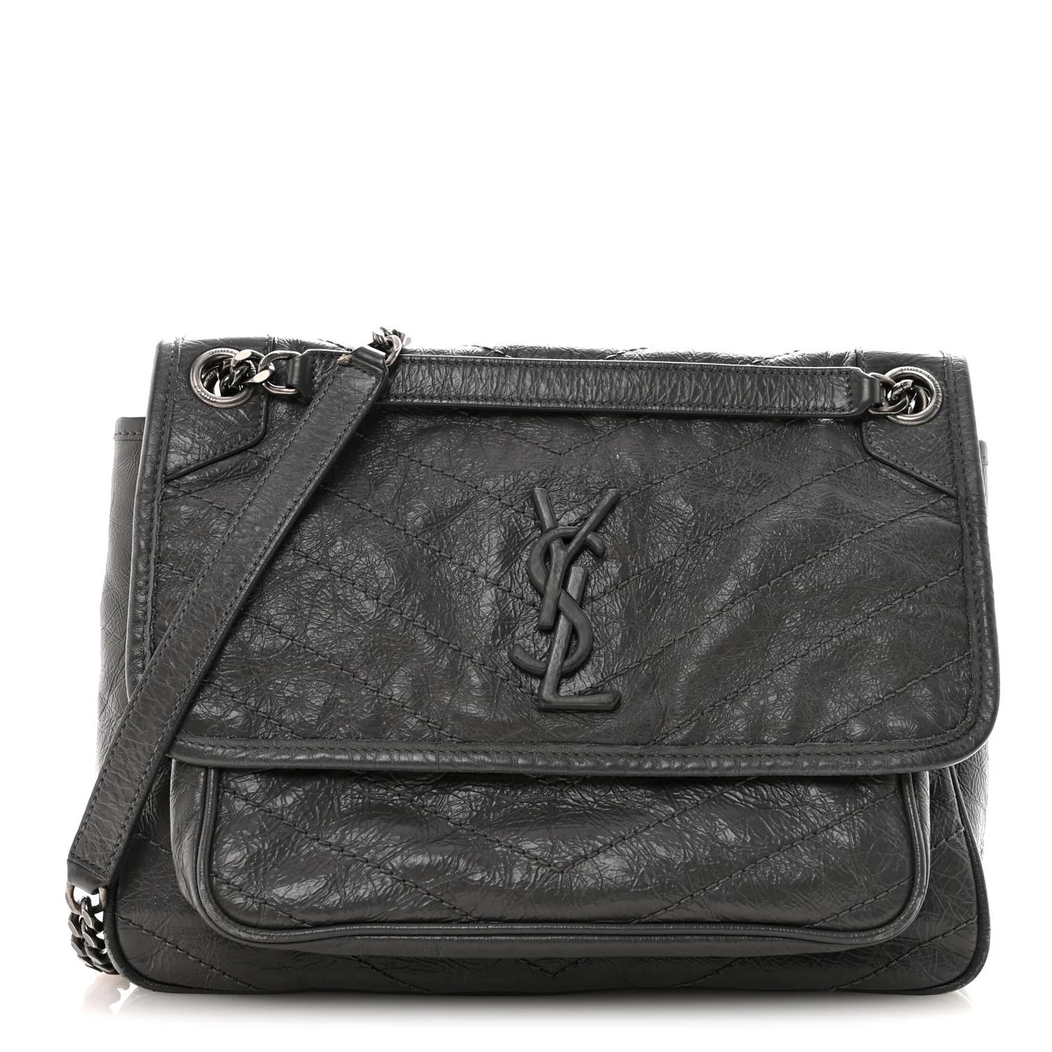 Crinkled Calfskin Matelasse Monogram Medium Niki Chain Satchel Fog