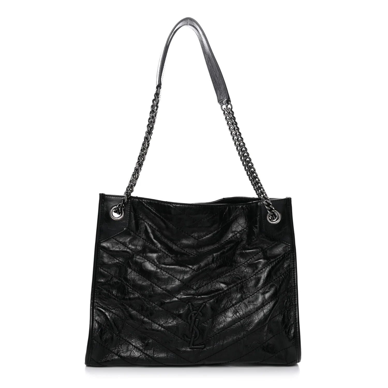 Crinkled Calfskin Matelasse Monogram Medium Niki Shopper Tote Black