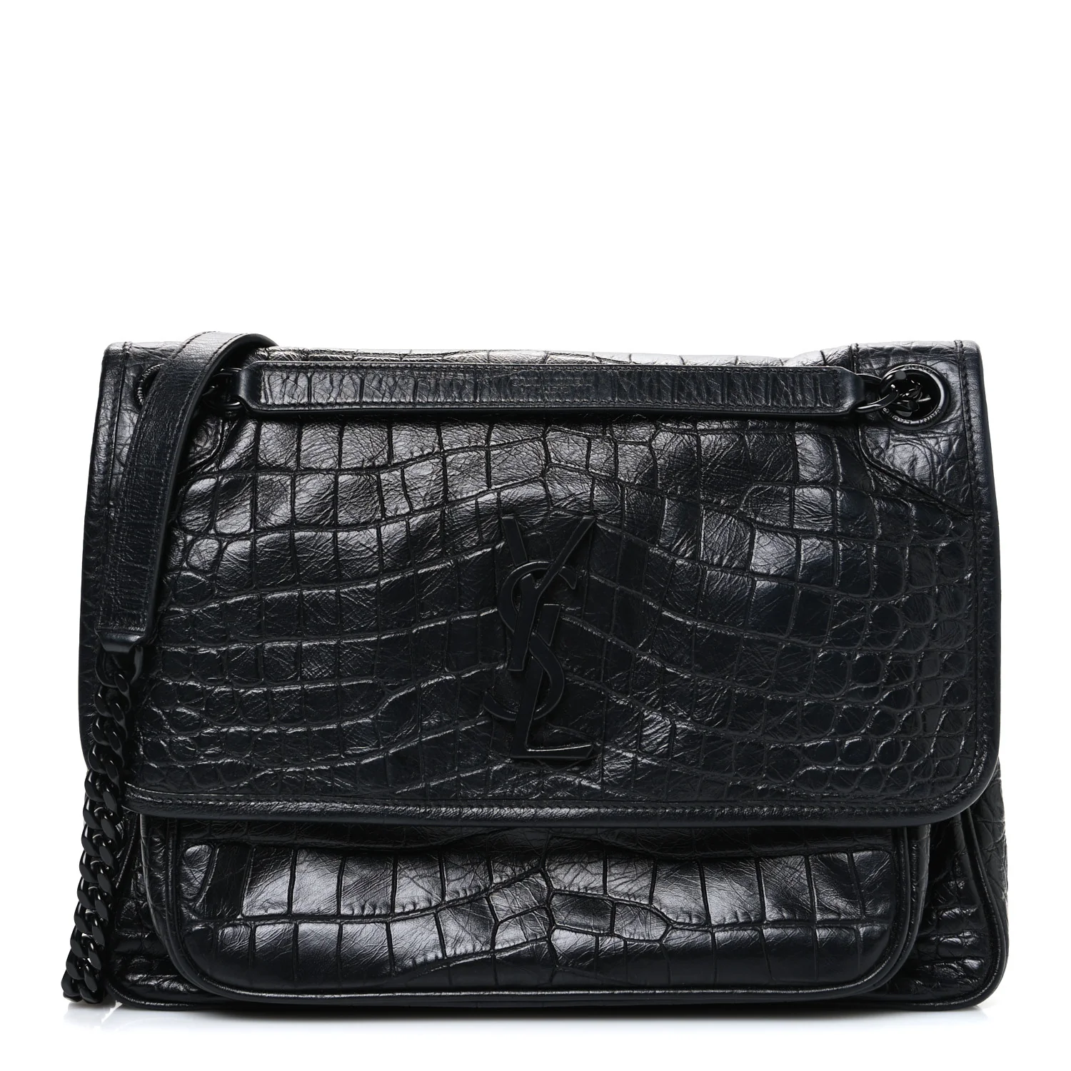 Crocodile Embossed Lambskin Monogram Medium Niki Chain Satchel Black
