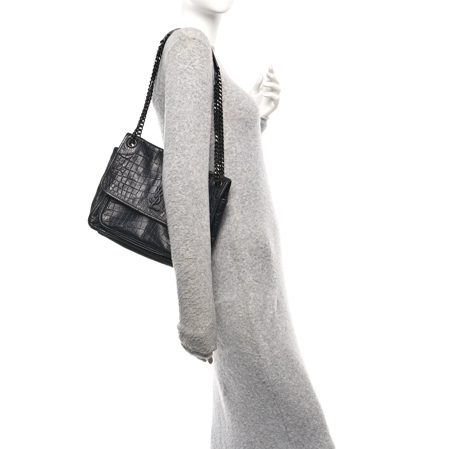 Crocodile Embossed Lambskin Monogram Medium Niki Chain Satchel Black - Image 2