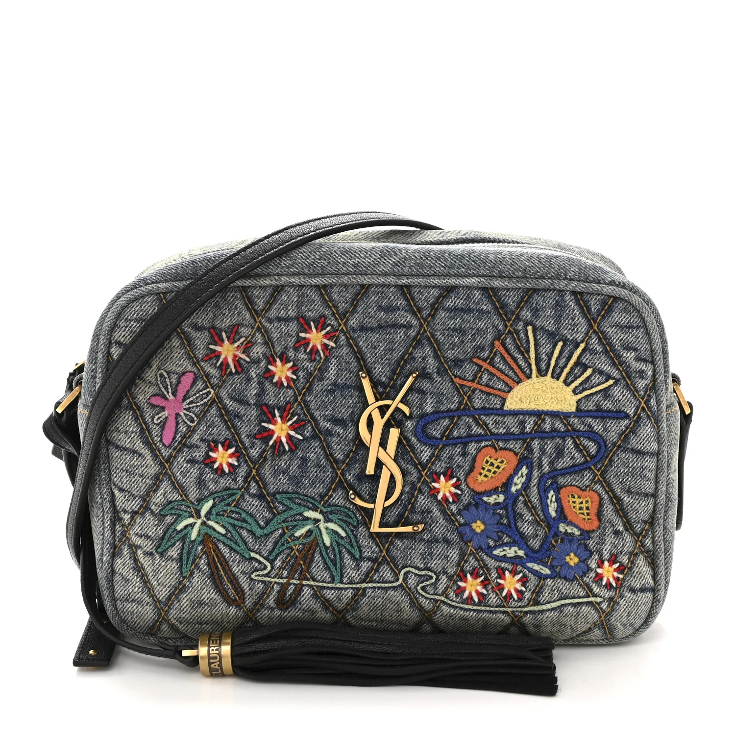Denim Matelasse Quilted Summer Embroidered Classic Monogram Camera Bag Blue